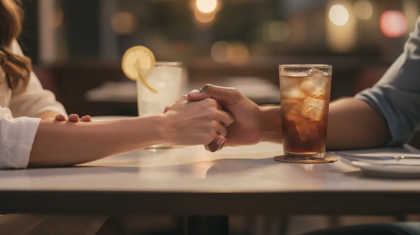 A close-up of a couple's hands intertwined across a restaurant table, with two drinks visible, suggesting a soft launch of their new relationship. The intimate moment captures the early stages of romance, hinting at their connection while maintaining a sense of privacy.