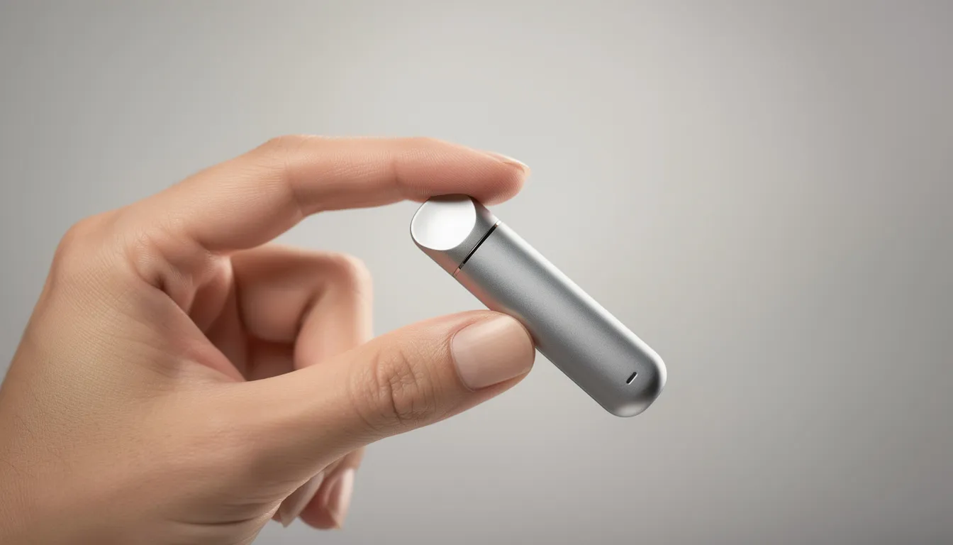 The image shows a sleek compact vape device held between fingers, showcasing its modern design. This device, potentially a hayati pro max plus, is likely to offer a variety of fruity flavors like strawberry raspberry ice or juicy peach.