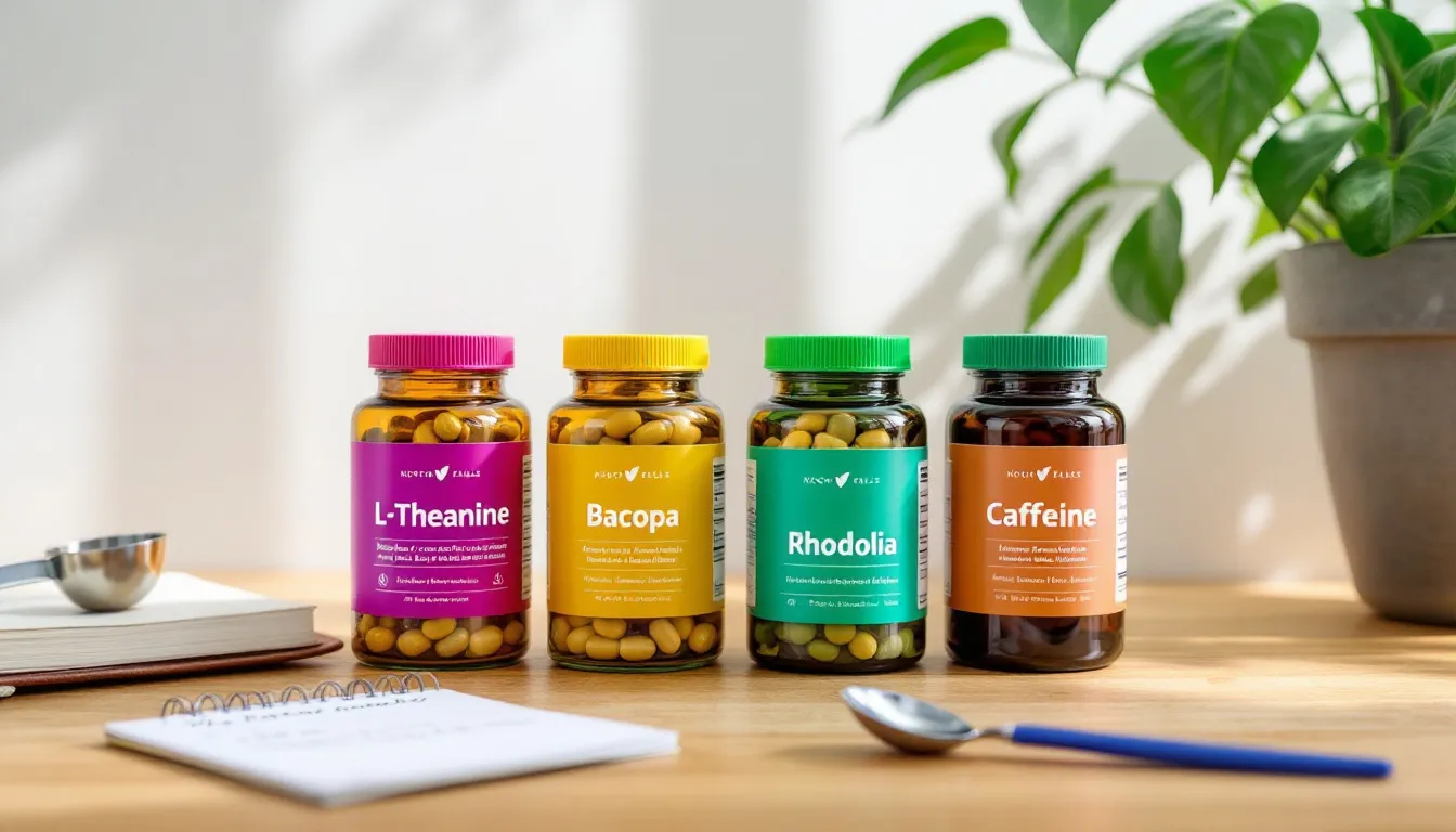 An array of nootropic stacks is displayed, showcasing various natural and synthetic nootropics designed to enhance cognitive function, improve memory retention, and boost overall brain health. The image illustrates different ingredients, such as ginkgo biloba and bacopa monnieri, emphasizing their roles in promoting mental clarity, cognitive performance, and cerebral blood flow.