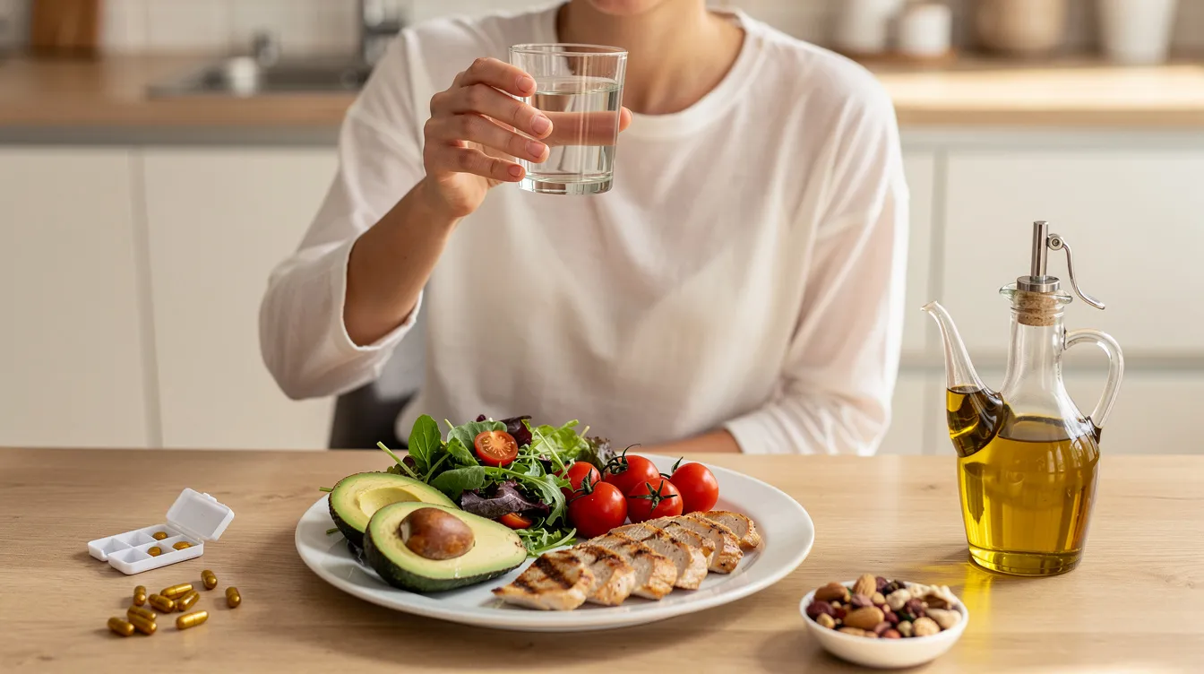 A person is taking fish oil supplements alongside a healthy meal that features sliced avocado drizzled with olive oil. This combination emphasizes the health benefits of omega 3 fatty acids and dietary supplements for cardiovascular health.
