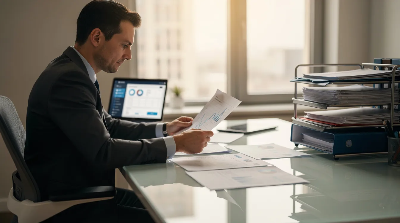 50c2c78c 60fe 4eaf 96bc e3891f1cc4ba An entrepreneur is seated at a desk, reviewing various documents alongside a laptop and organized files, indicating a focus on managing financial support and planning for business growth. This scene reflects the essential tasks involved in applying for a business loan under the Pradhan Mantri Mudra Yojana, aimed at providing financial assistance to micro enterprises.