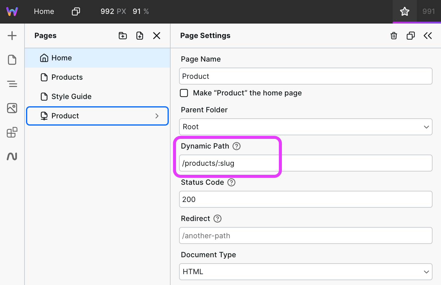Dynamic path of /products/:slug