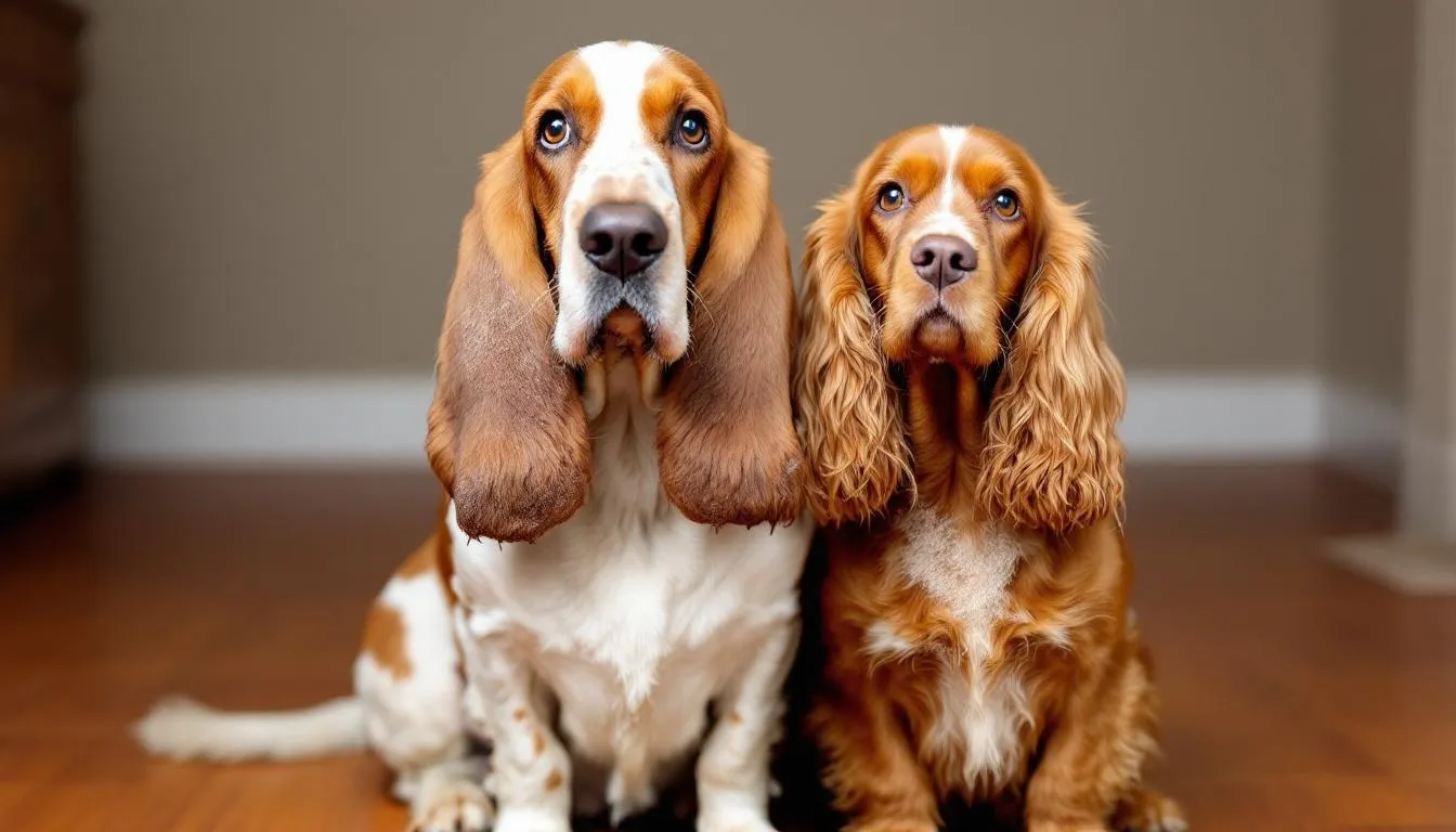 In the image, several dog breeds, including a basset hound and a cocker spaniel, are sitting together, showcasing their unique coats. These breeds are known for their predisposition to skin issues, such as dry flaky skin and dandruff in dogs, highlighting the importance of maintaining their skin health.