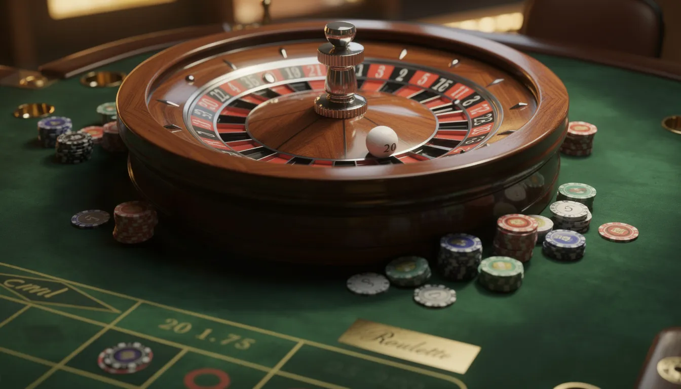 En närbild av ett roulettehjul med färgglada spelmarker på ett grönt bord, som skapar en spännande atmosfär för spelare hos Jalla Casino. Denna bild fångar essensen av klassiskt casinospel där man kan vinna stora priser.