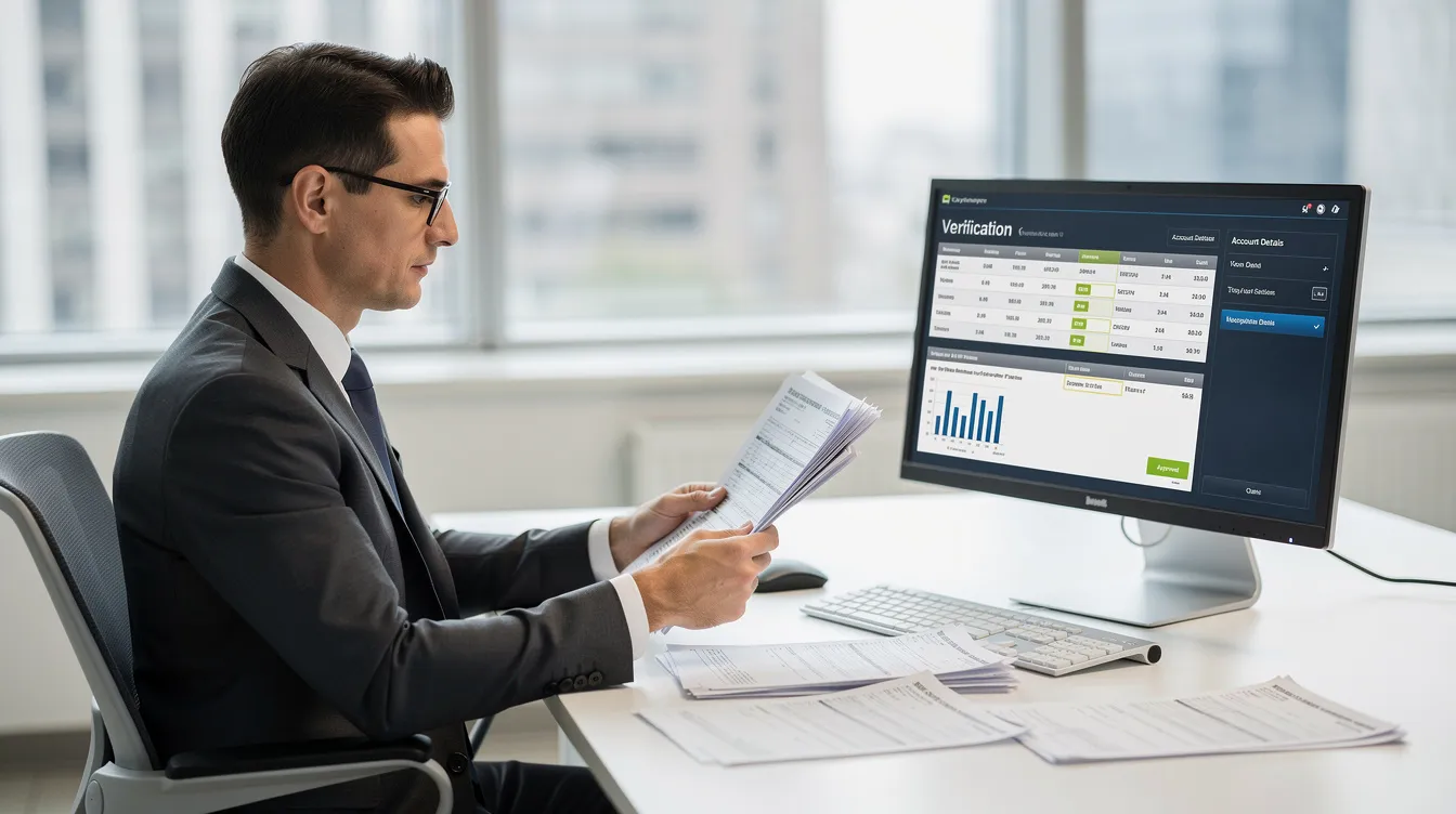 50c75f18 8132 473a 82d9 0ea7c9888ea7 A bank officer is seated at a desk, carefully reviewing a stack of documents while a computer screen displays verification data related to a mudra loan application. The scene highlights the importance of accurate documentation, such as business registration and proof of address, in the loan approval process.