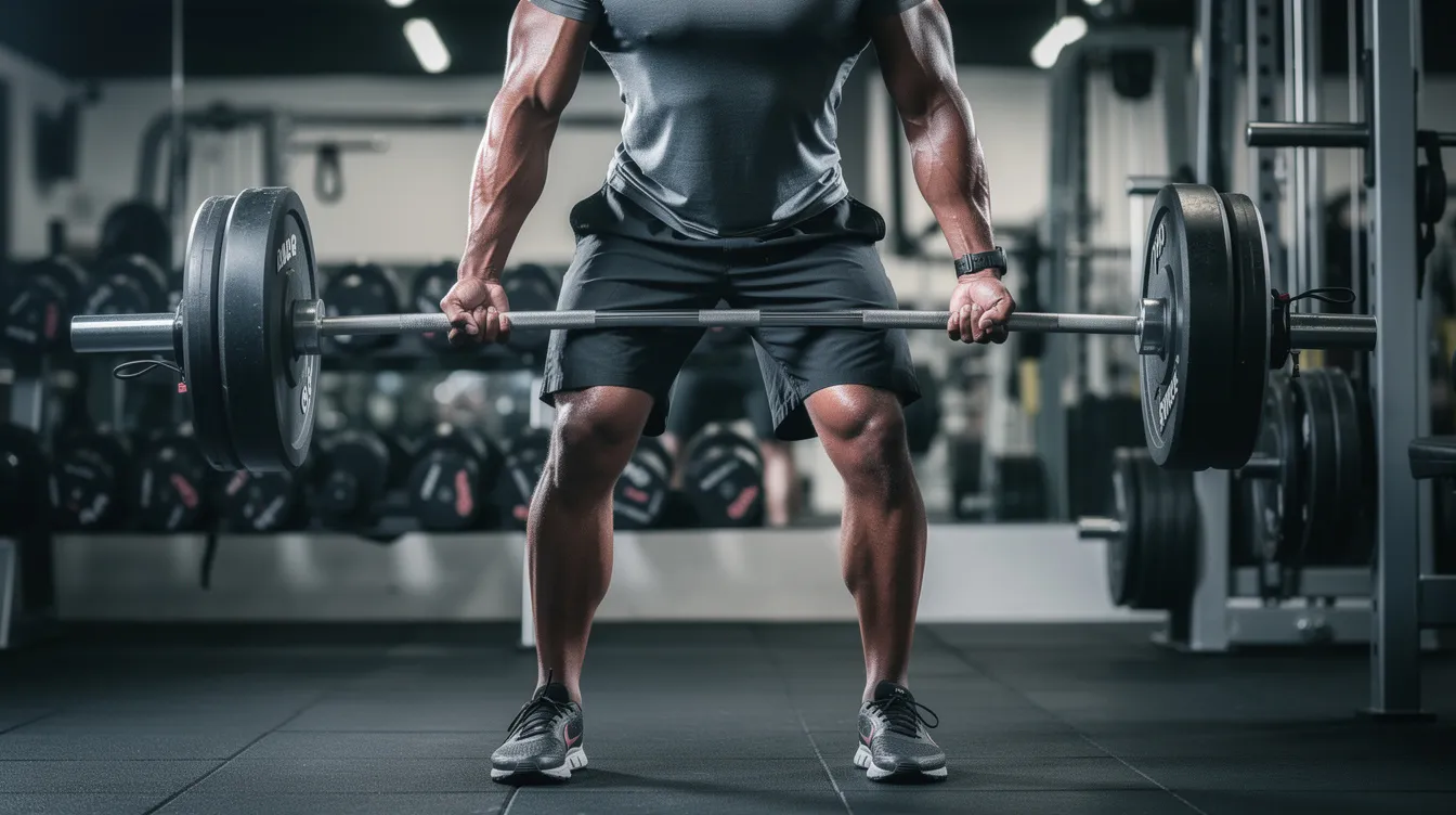 Een persoon in de sportschool tilt een barbell op voor een compound oefening, waarbij verschillende spiergroepen worden getraind. Deze oefening maakt deel uit van een push pull legs schema, gericht op het ontwikkelen van kracht en spiermassa.