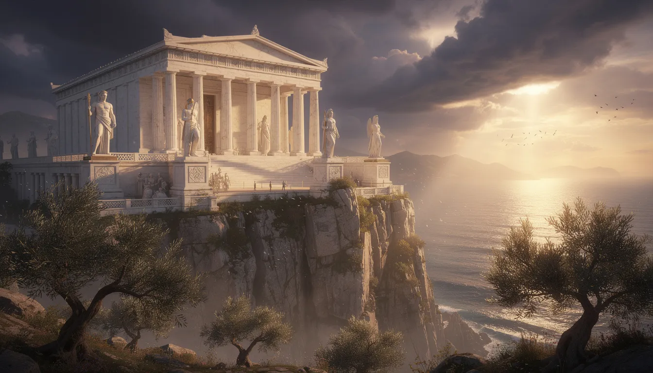 En dramatisk scen inspirerad av grekisk mytologi visar mörka moln som sveper över himlen, medan gyllene solljus strålar ner och skapar en mystisk atmosfär. I bakgrunden kan man föreställa sig stacks of riches och en känsla av äventyr, perfekt för spelare som söker spänning i online casino världen.