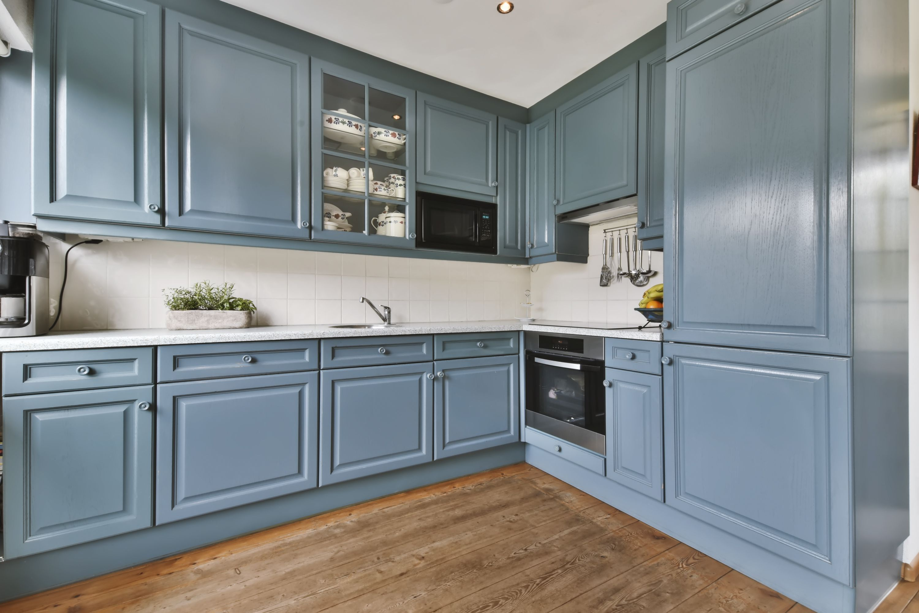 blue kitchen - marble countertops