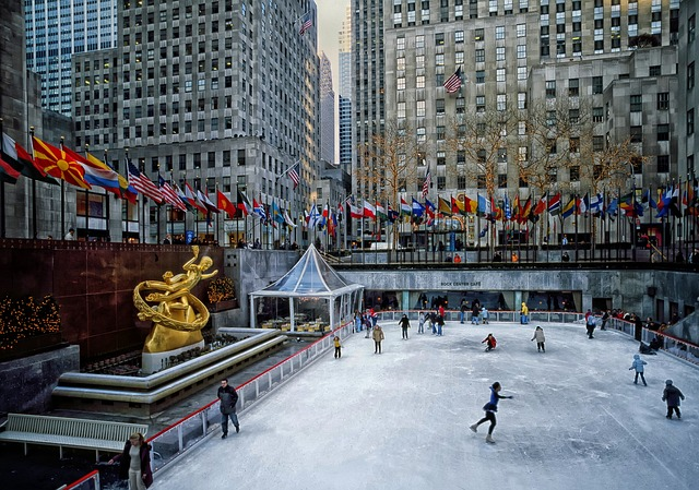 Rockefeller plaza, skating rink, New York city winter