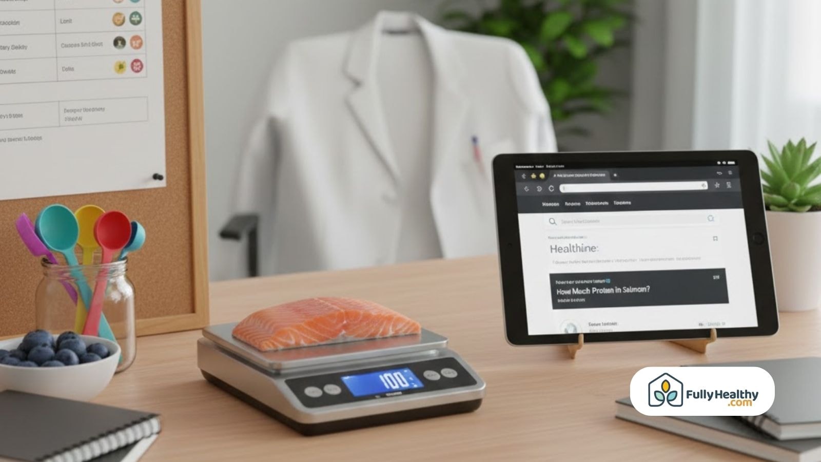 Salmon on digital scale beside tablet displaying protein article