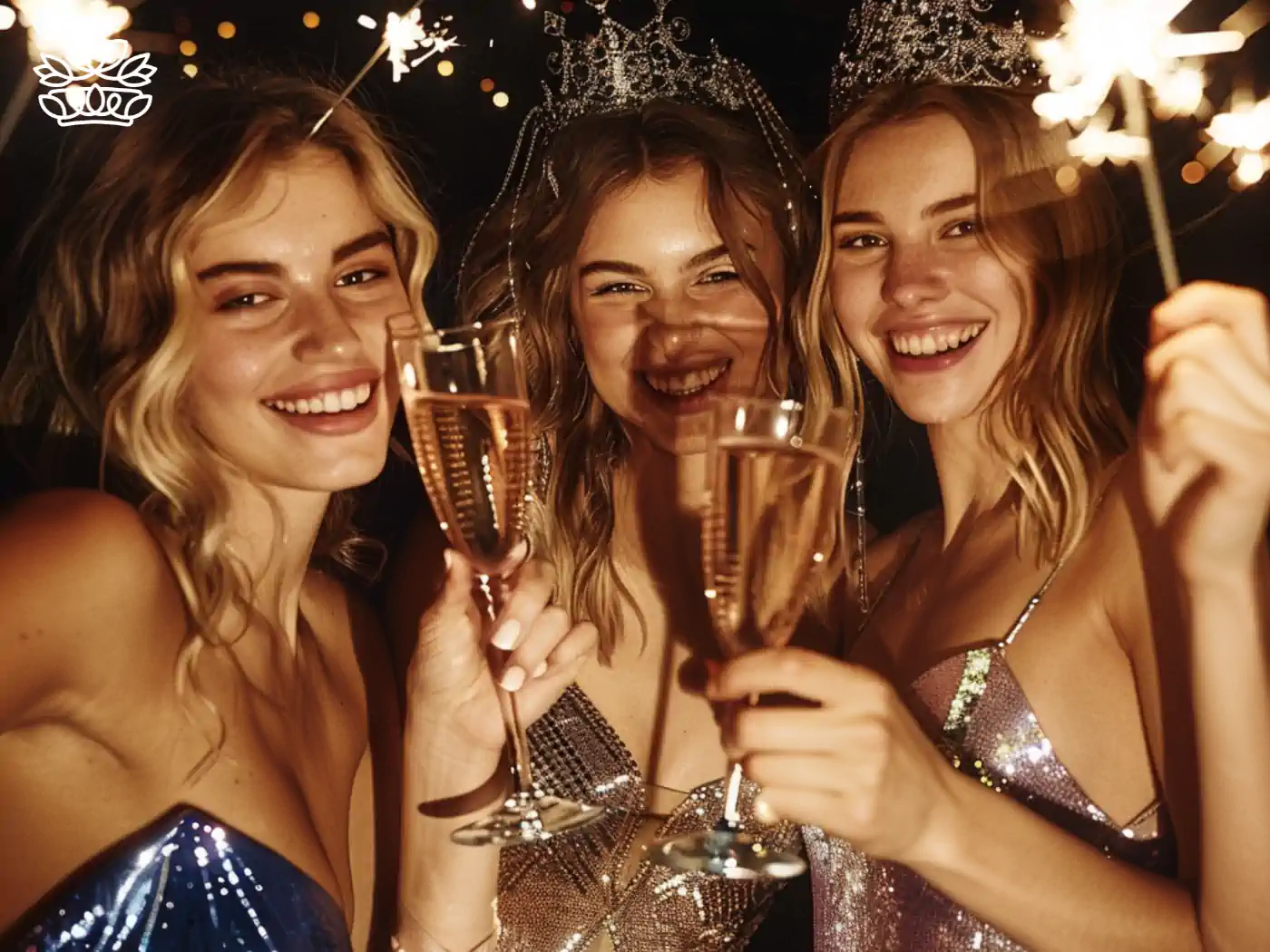 Three jubilant friends toasting with champagne, adorned in sparkling attire and tiaras, radiating joy, embodying the celebratory spirit of Fabulous Flowers and Gifts.