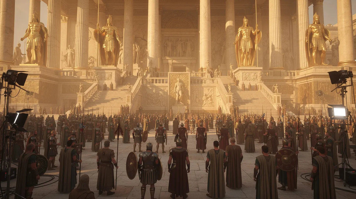 Das Bild zeigt ein monumentales Filmset, das an einen antiken Palast erinnert, mit klassischen Säulen und Statuen, umgeben von hunderten Statisten in historischen Kostümen. Diese beeindruckende Kulisse könnte Teil einer der teuersten Filme aller Zeiten sein, vergleichbar mit Blockbustern wie "Avatar" oder "Star Wars".