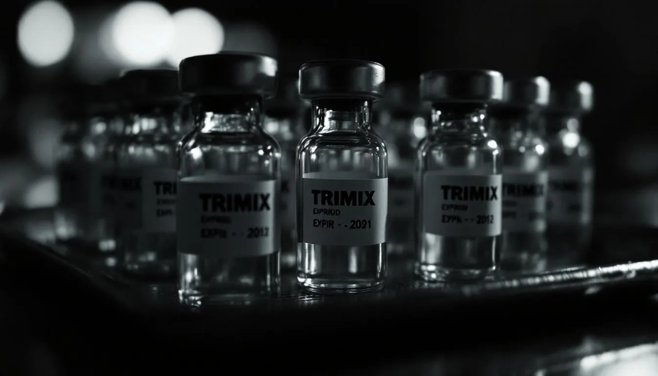 An illustration showing various trimix vials with expiration dates.
