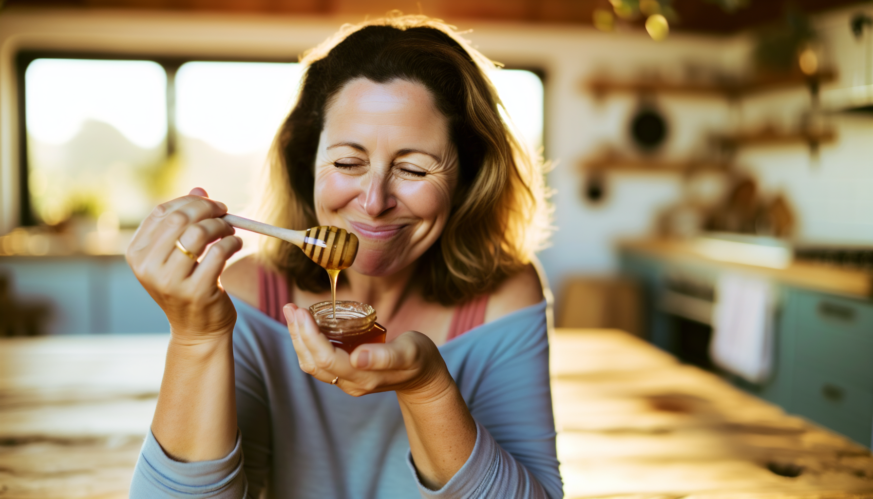 A person tasting Manuka Doctor honey and smiling with satisfaction