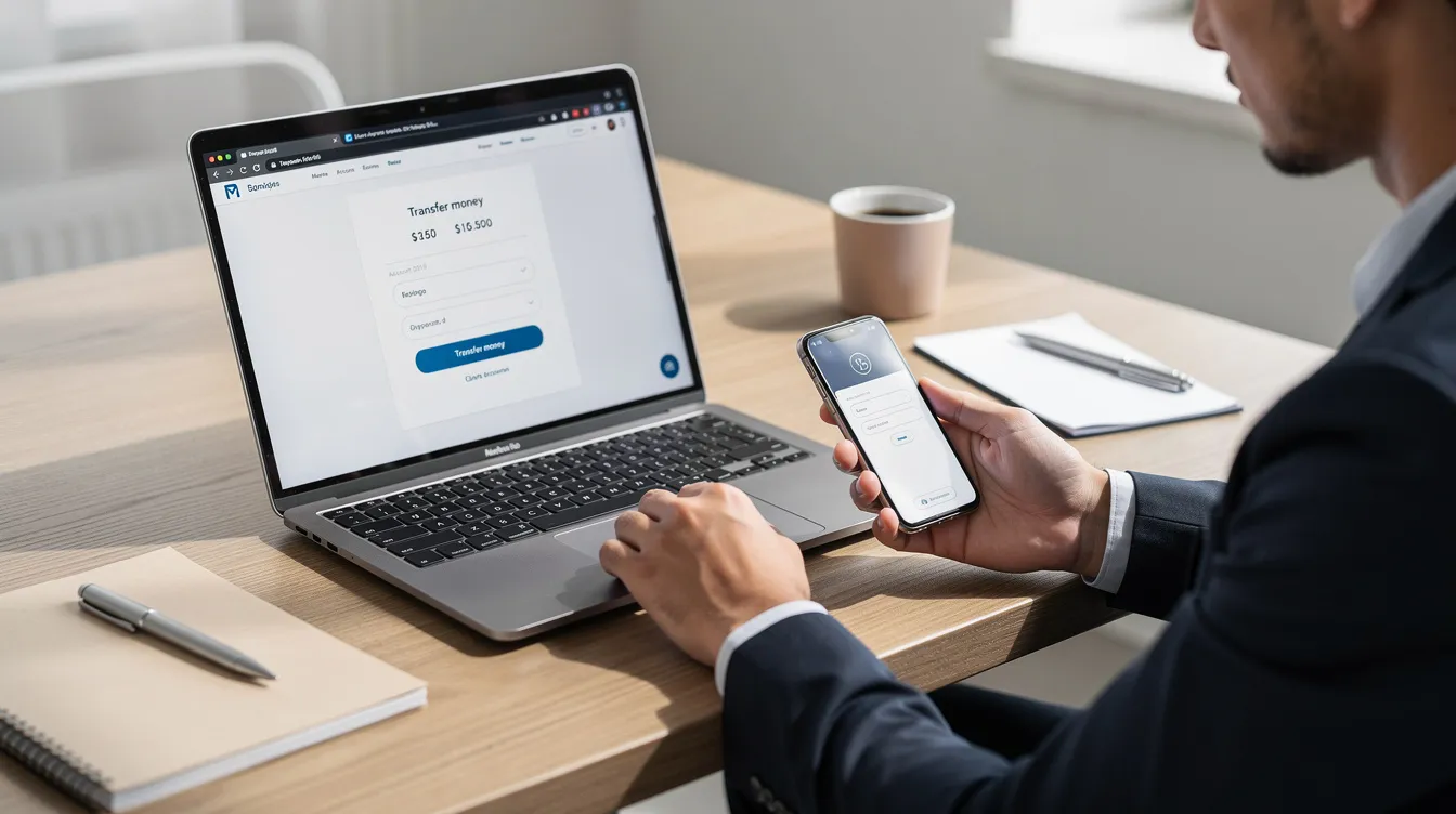 A person is seated at a table, focused on a smartphone and a laptop as they make an online money transfer. This scene reflects the growing trend of digital transactions, which can be particularly useful for foreign workers seeking job opportunities in Lithuania and other countries.