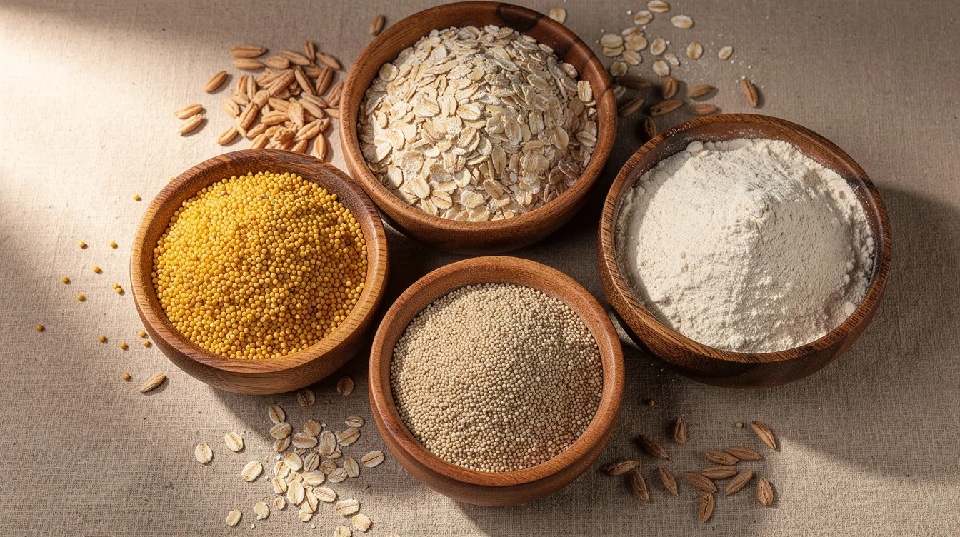 The image showcases a variety of whole grains, including millet seeds and oats, along with specialty flour ingredients, all beautifully arranged in wooden bowls on a natural surface. This colorful display highlights the raw materials essential for flour manufacturing, emphasizing the importance of quality ingredients in the wheat flour production process.