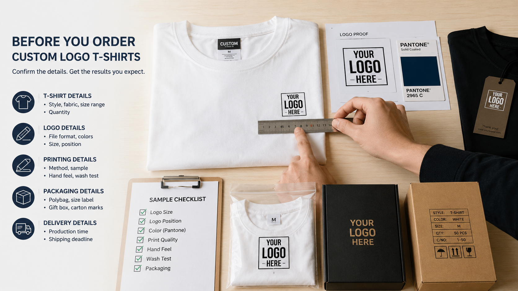 Custom T-shirt production checklist including logo proof, Pantone colors, sample approval, packaging, and delivery requirements