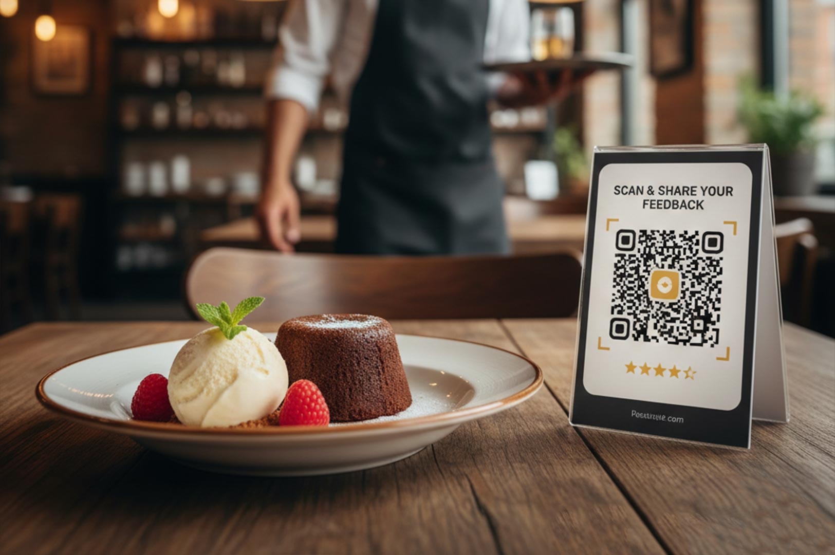 Restaurant table setting featuring a chocolate lava cake dessert next to a table tent with a QR code asking customers to scan and share feedback.