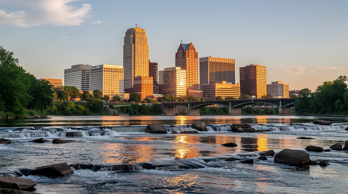 The image depicts the downtown Richmond, Virginia skyline, showcasing modern buildings against a clear sky, with the James River flowing gracefully in the foreground. This vibrant urban scene reflects the city's charm and may evoke thoughts of personal injury lawyers who provide legal representation to those affected by accidents or negligence in the area.
