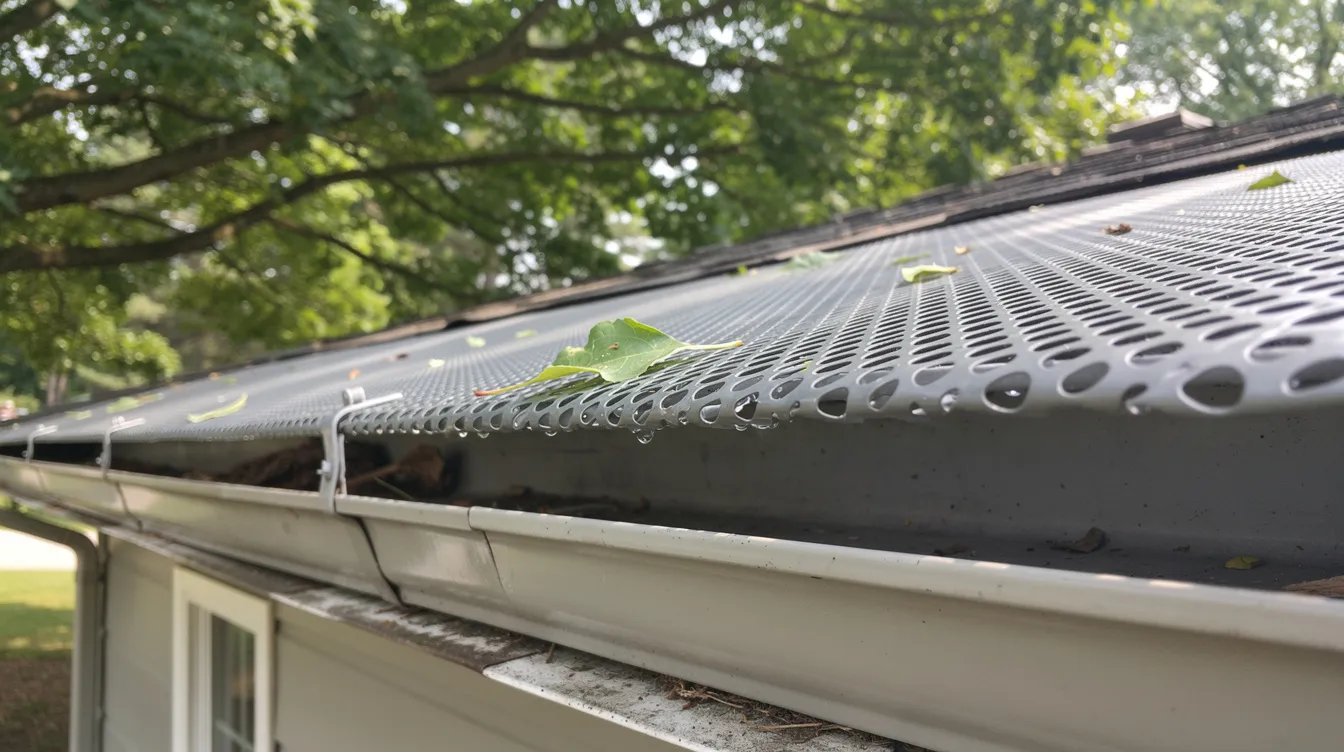 A close-up view of metal mesh gutter guards is shown, securely installed over clean seamless gutters beneath a lush tree canopy. These gutter guards are designed to prevent debris accumulation, ensuring the gutter system remains functional and protects the home from water damage during heavy rain.