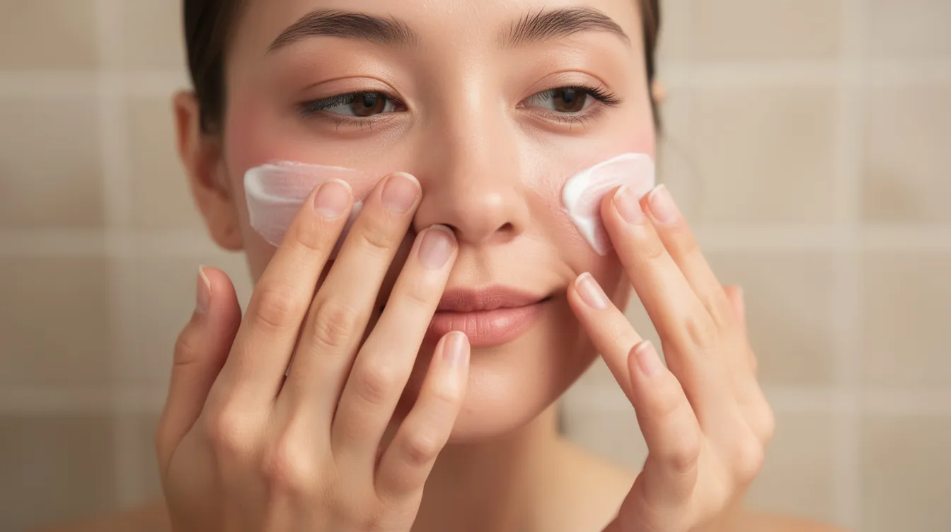 A person is gently applying a fragrance-free moisturizer to their face, focusing on calming sensitive skin and maintaining a healthy skin barrier. The product likely contains hydrating ingredients like hyaluronic acid and ceramides to improve barrier function and protect against moisture loss and irritation.