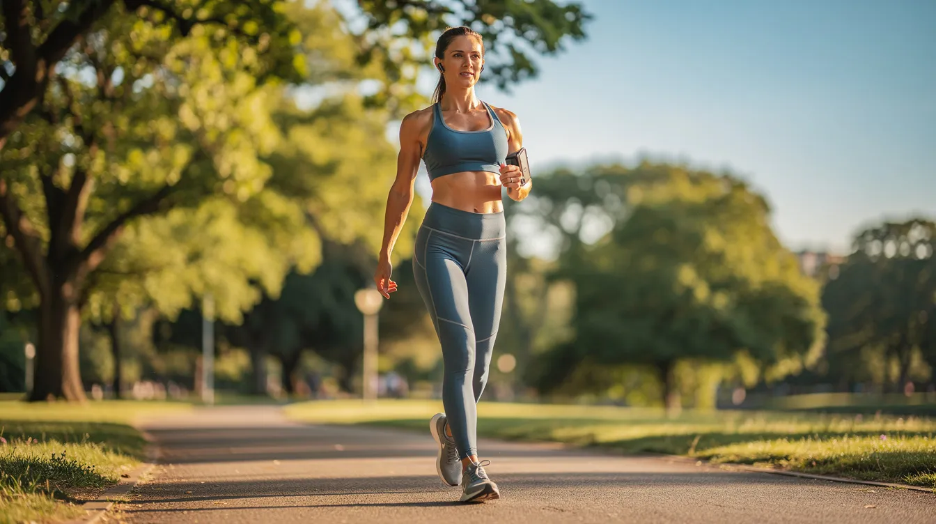 A healthy adult is walking outdoors in fitted activewear, showcasing an active lifestyle that promotes smoother skin and overall well-being. This image reflects the commitment to fitness, which can complement effective cellulite treatments for those looking to address concerns like unwanted dimples and achieve a youthful appearance.