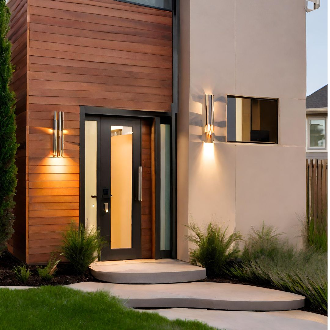 exterior wall lights placed outside an entrance of an home in a warm glow.