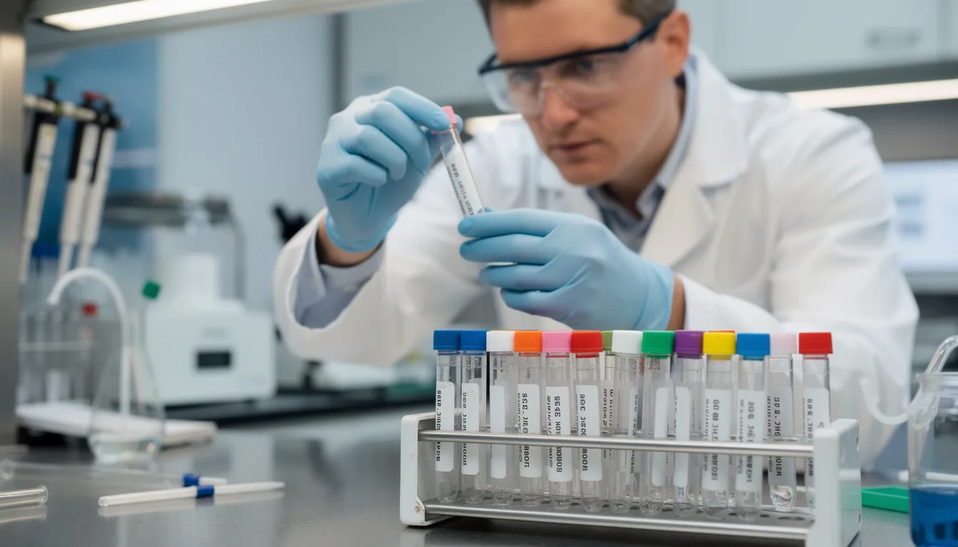 A researcher is carefully examining peptide vials in a laboratory, focusing on the peptide solutions and their amino acid composition. The setting is equipped with analytical methods for quality control, such as mass spectrometry and high performance liquid chromatography, ensuring the stability and purity of the peptides.