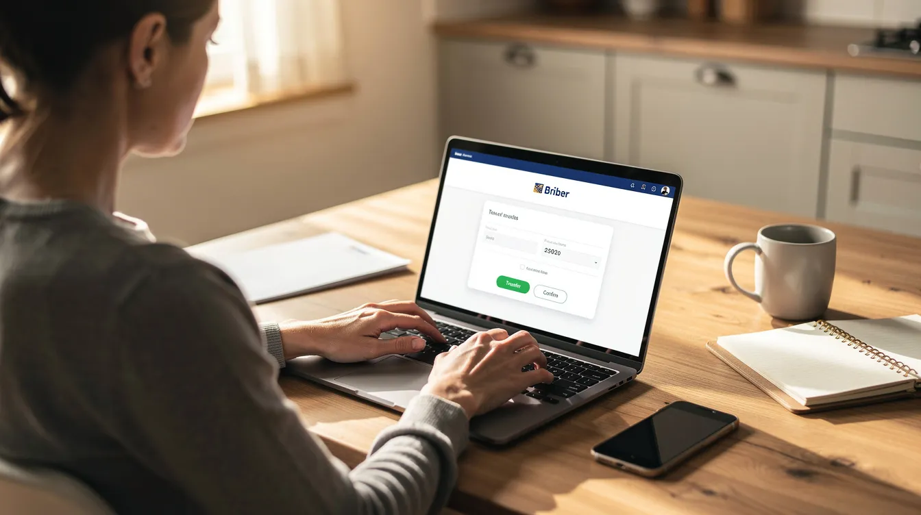 A person is seated at a kitchen table, focused on a laptop while making an online bank transfer. The scene captures the individual as they enter their bank account number and other details, likely involving a bank state branch number for the transaction.