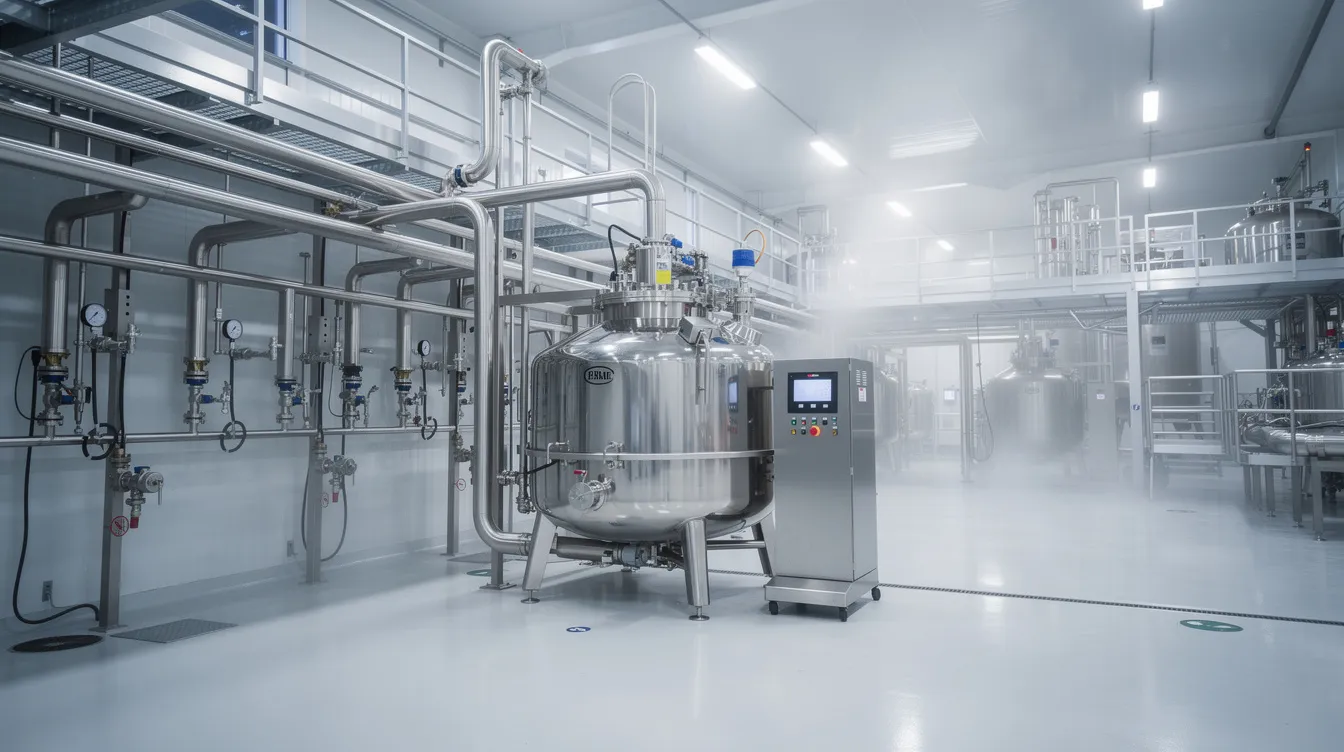 50dd208c aca4 443e bcad 2ca64c27a92d The image depicts the interior of a stainless steel food processing factory, showcasing large centrifuge equipment and intricate piping systems, essential for the extraction and manufacturing of plant proteins such as soy protein isolate and chickpea protein. This modern facility highlights advancements in food engineering and technology, aimed at optimizing the nutritional composition and protein content of plant-based food products.