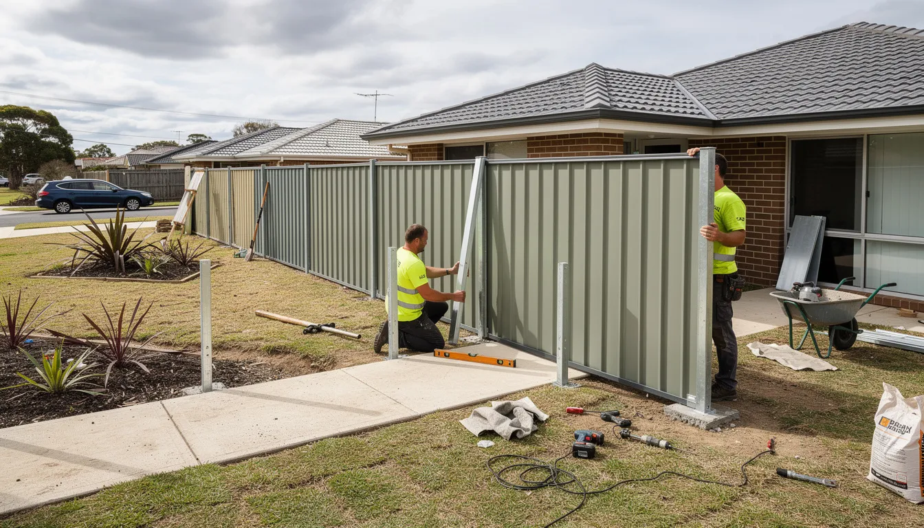 The image shows a professional team installing a Colorbond fence on a suburban property in Melbourne, demonstrating quality craftsmanship and durable materials. The ongoing installation process highlights the team's expertise in providing quality fencing solutions that enhance the property's curb appeal and security.