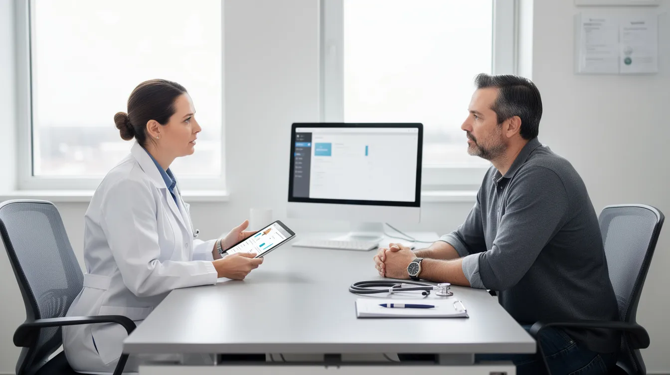 The image depicts a male patient consultation in a modern medical office, where a doctor and patient are seated across from each other at a desk, discussing options for nipple reduction and other breast procedures. The atmosphere is professional, highlighting the importance of personalized care in achieving aesthetic goals.