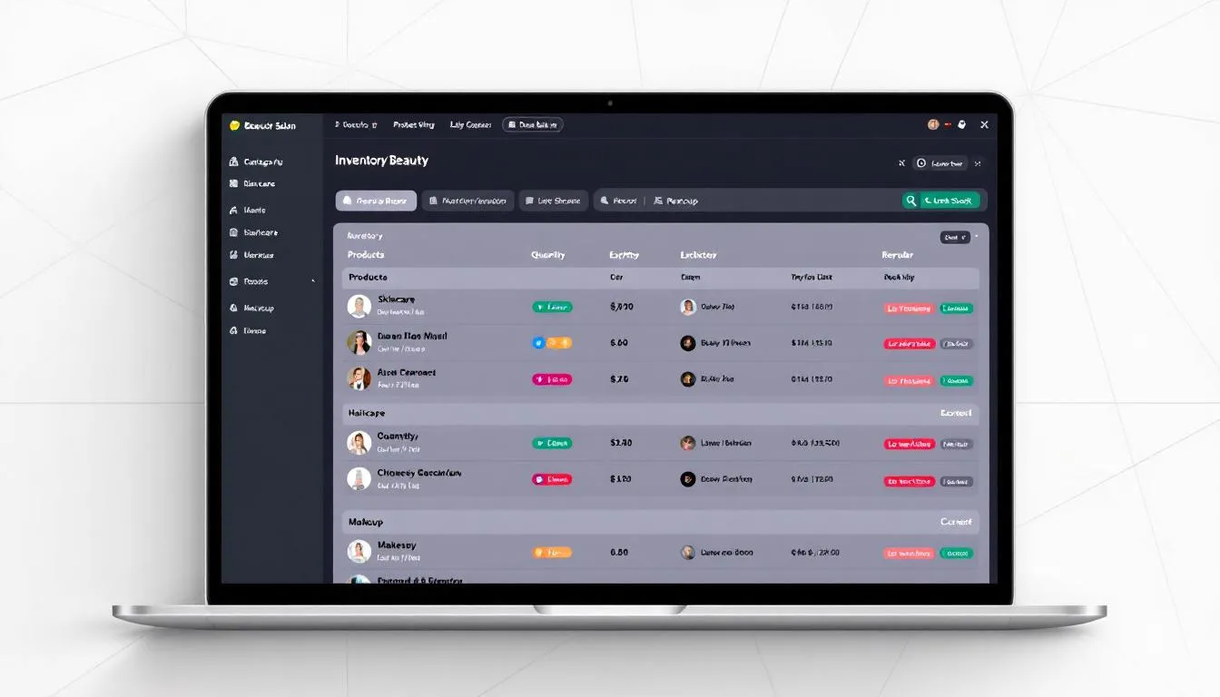 Imagen que muestra un sistema de gestión de inventario para salones de belleza, con un panel de control que rastrea productos y datos relevantes para la administración del negocio. Este software para salones permite a los profesionales gestionar reservas, ventas y stock de manera eficiente.