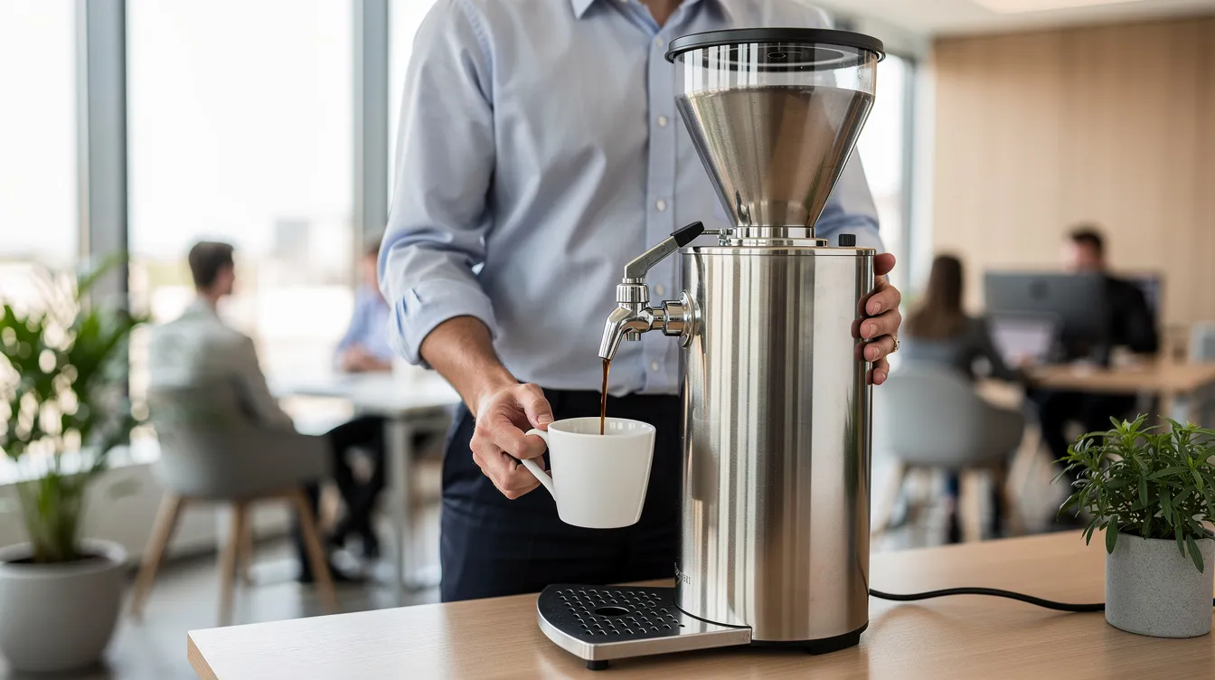 Una persona está sirviendo café de una cafetera de filtro comercial grande de acero inoxidable en una oficina luminosa, rodeada de tazas y un ambiente de trabajo acogedor. La cafetera destaca por su diseño funcional y su capacidad para preparar grandes cantidades de café de alta calidad.