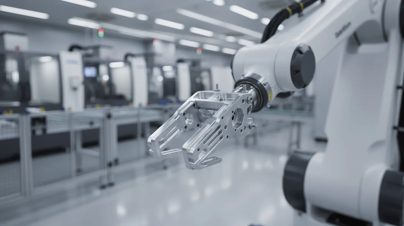 A robotic arm is positioned in a modern factory setting, showcasing precision-machined aluminum components on its end effector, highlighting the advanced technology used in the manufacturing industry. This scene emphasizes the importance of quality control and consistent performance in producing high-quality components for various applications.