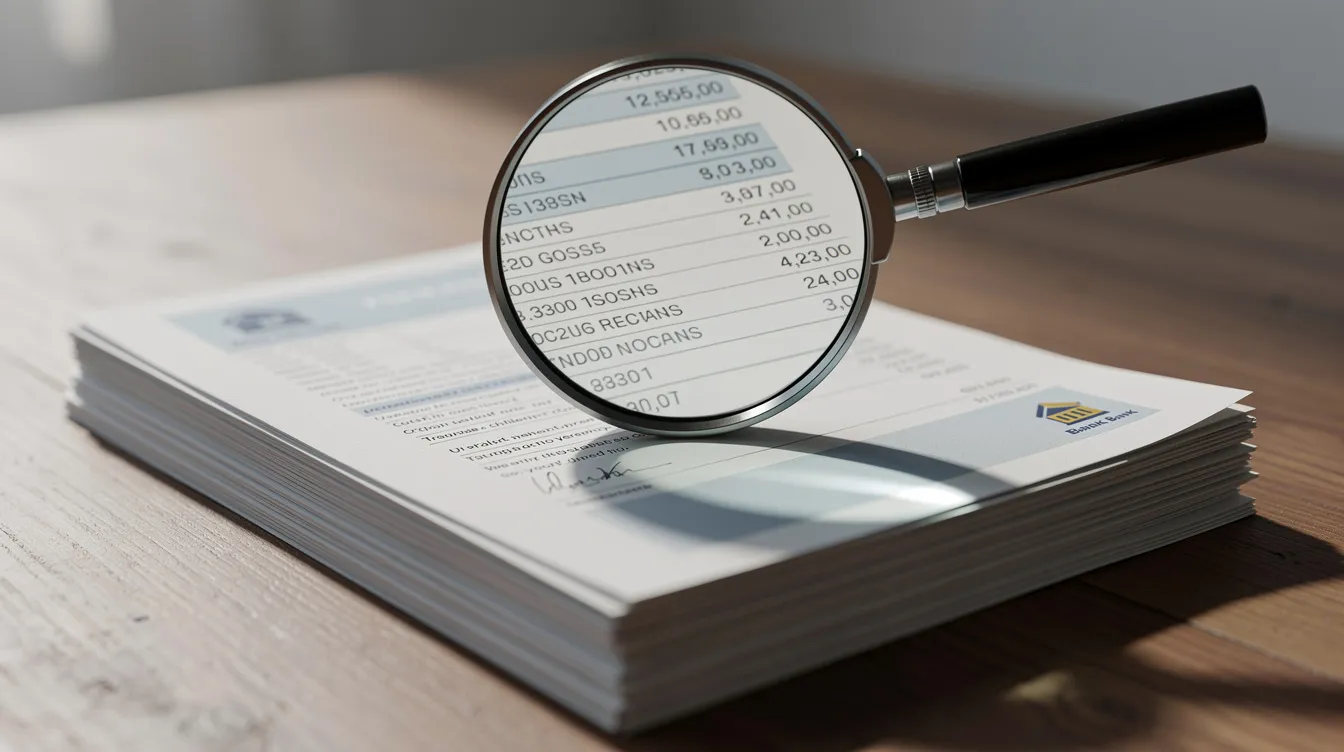A magnifying glass is positioned above a stack of official banking documents on a table, suggesting a close examination of important paperwork related to business loans, such as loan application forms and bank statements. The scene emphasizes the meticulous nature of financial processes, possibly linked to mudra loans and other financing options for small businesses.
