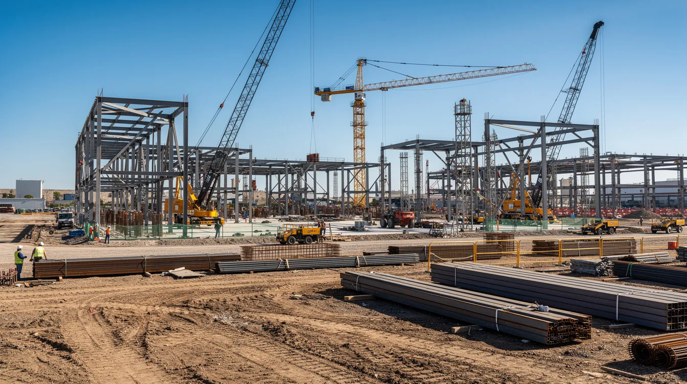 50e5f2b1 999b 48d3 82eb 179d2dcd4bde The image depicts an industrial construction site where large steel structures are being erected, with cranes actively working against a clear blue sky. This setting could be related to the development of a maize processing plant, highlighting the manufacturing process involved in the maize industry.