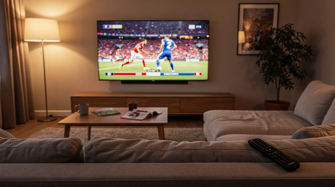 The image depicts a cozy living room featuring a large flat-screen TV showcasing a vibrant sports broadcast, with a remote control resting on the couch. This inviting space is perfect for enjoying live television, especially with a comprehensive IPTV subscription package like Kenoatv, which offers access to 25,000 live TV channels and HD quality streaming.