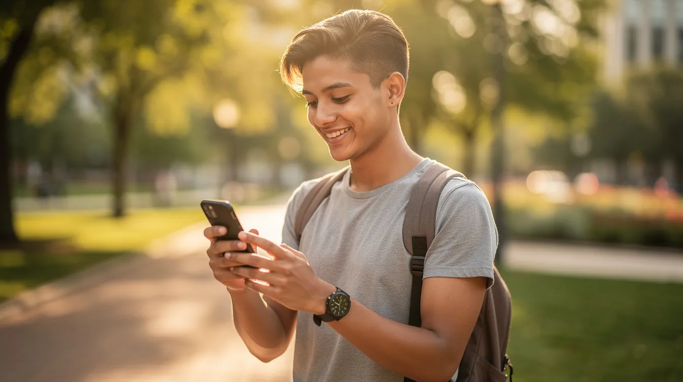 A person is smiling while using a smartphone app outdoors, likely engaged in an international money transfer, showcasing the ease of sending money abroad. The scene reflects a secure and hassle-free experience, emphasizing the convenience of managing funds through a mobile device.