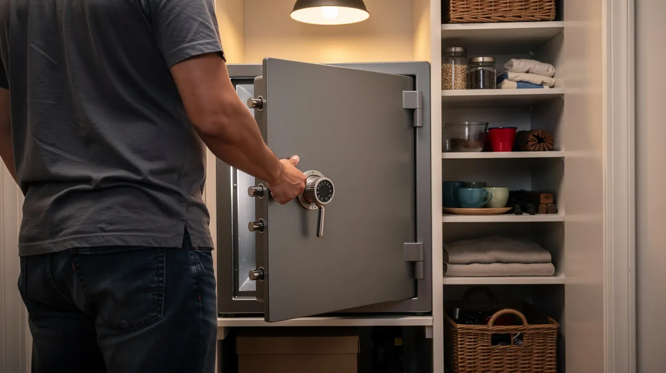 The image shows a person securely locking a steel gun safe inside a home closet, emphasizing the importance of safe storage practices for firearms in accordance with Vermont gun laws. This act of securing the firearm reflects a commitment to responsible gun ownership and public safety.