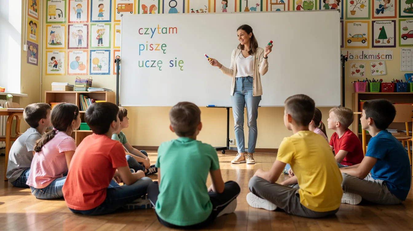 Na podłodze sali lekcyjnej siedzi grupa dzieci w kręgu, a nauczycielka trzyma kolorowy marker i wskazuje na tablicę, na której zapisane są zasady klasowe. Dzieci uważnie słuchają, co sprzyja ich zrozumieniu reguł dotyczących zachowania w klasie.