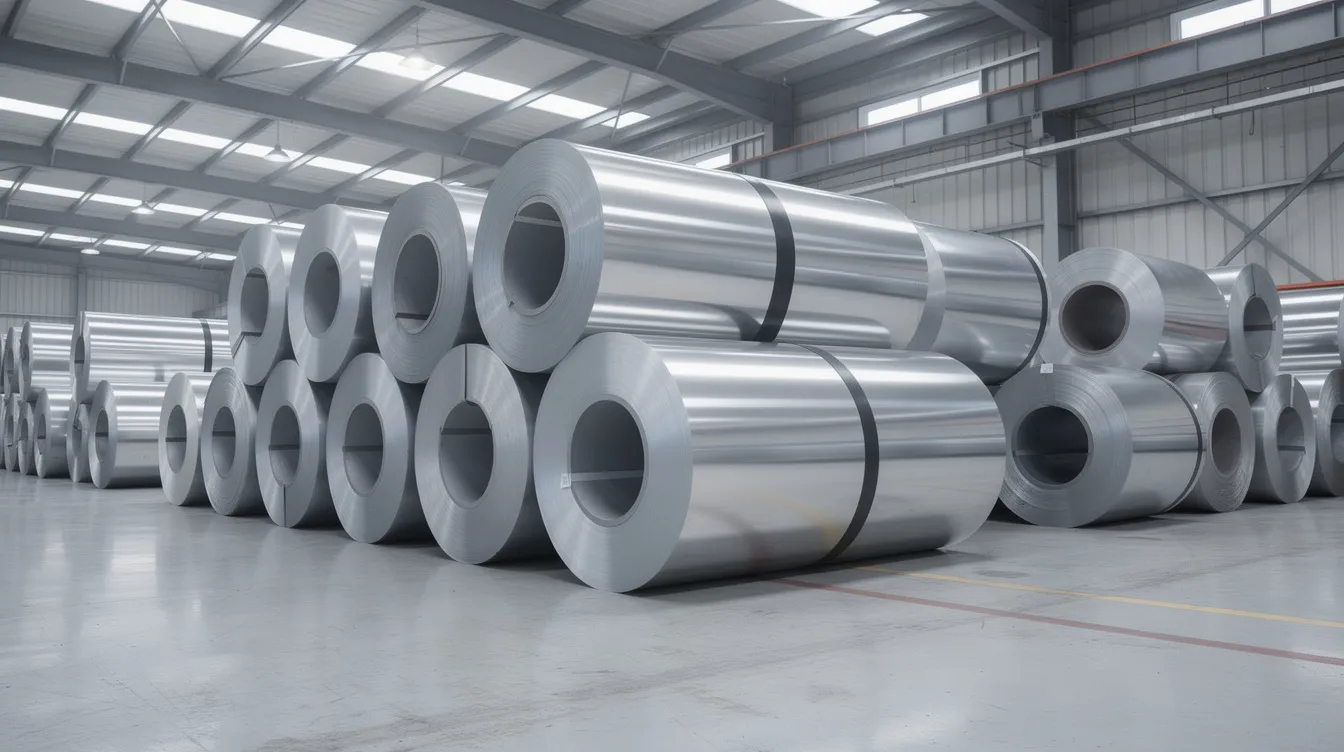 The image features a stack of shiny cold rolled steel coils neatly arranged in a clean warehouse, highlighting the smooth and attractive finish of the metal. The organized display emphasizes the difference between cold rolled and hot rolled steel, showcasing the high-quality manufacturing process.