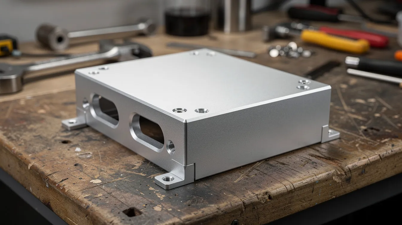 The image depicts a finished aluminum CNC machined enclosure with a smooth silver surface resting on a workbench, showcasing a high-quality surface finish that highlights the precision of the machining process. The enclosure features sharp edges and a consistent, mirror-like finish, indicative of effective machining operations.