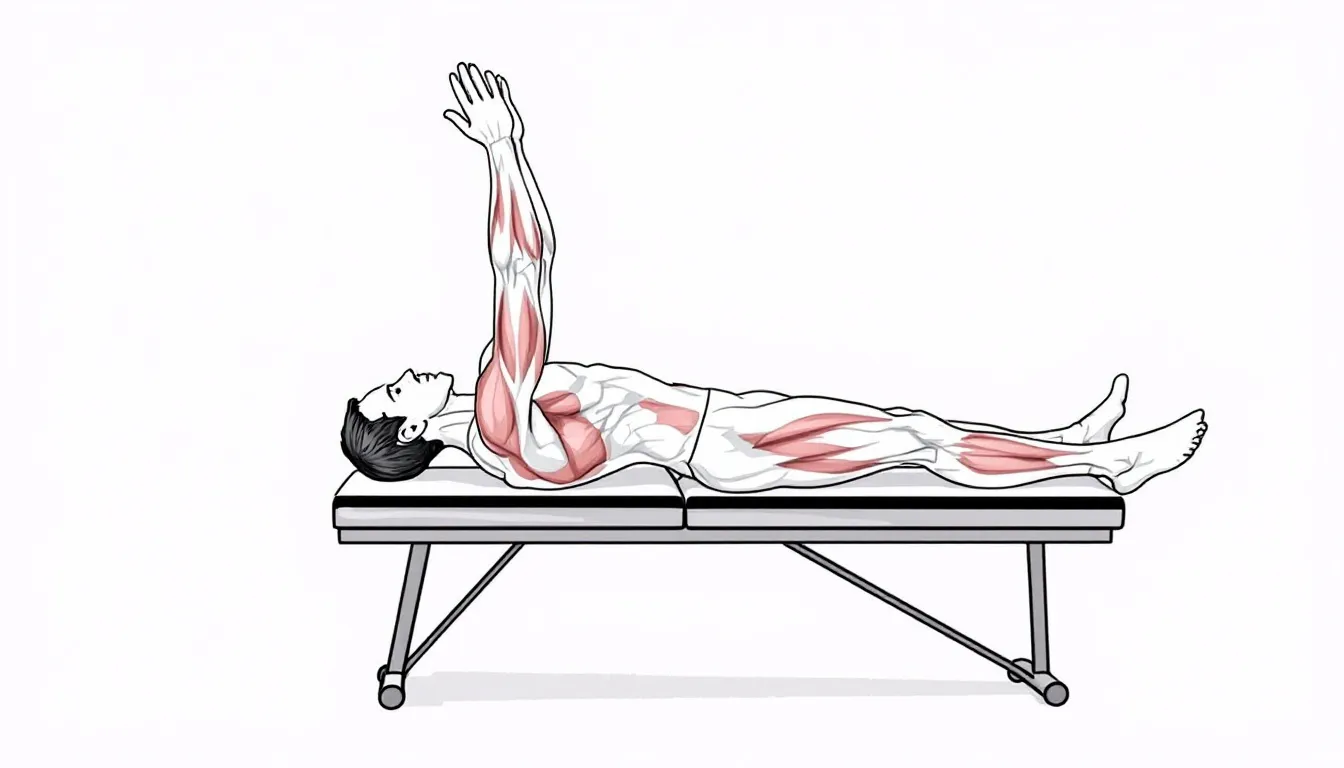 A person performing lying triceps extensions, showcasing the triceps muscle engagement.