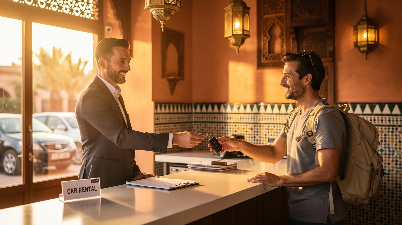 Un agent de location souriant remet des clés de voiture à un touriste heureux, devant un bureau de location de voitures ensoleillé au Maroc. Cette scène illustre l'accueil chaleureux et le service de gestion des réservations dans une agence de location, mettant en avant l'expérience positive des clients.