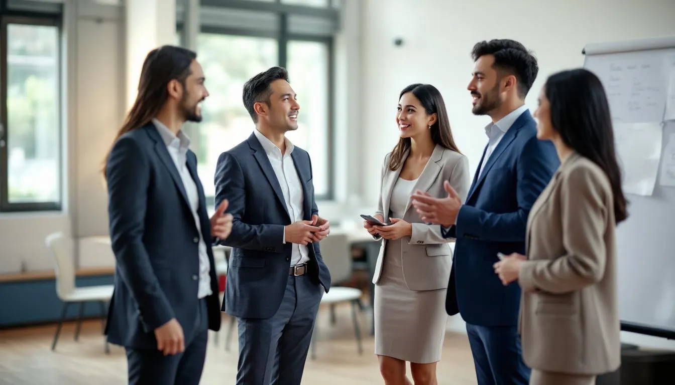 A side view of five Asian professionals engaged in a lively conversation at a networking event, sharing ideas on how to build connections without selling. The atmosphere is vibrant, reflecting the importance of networking in their professional community.