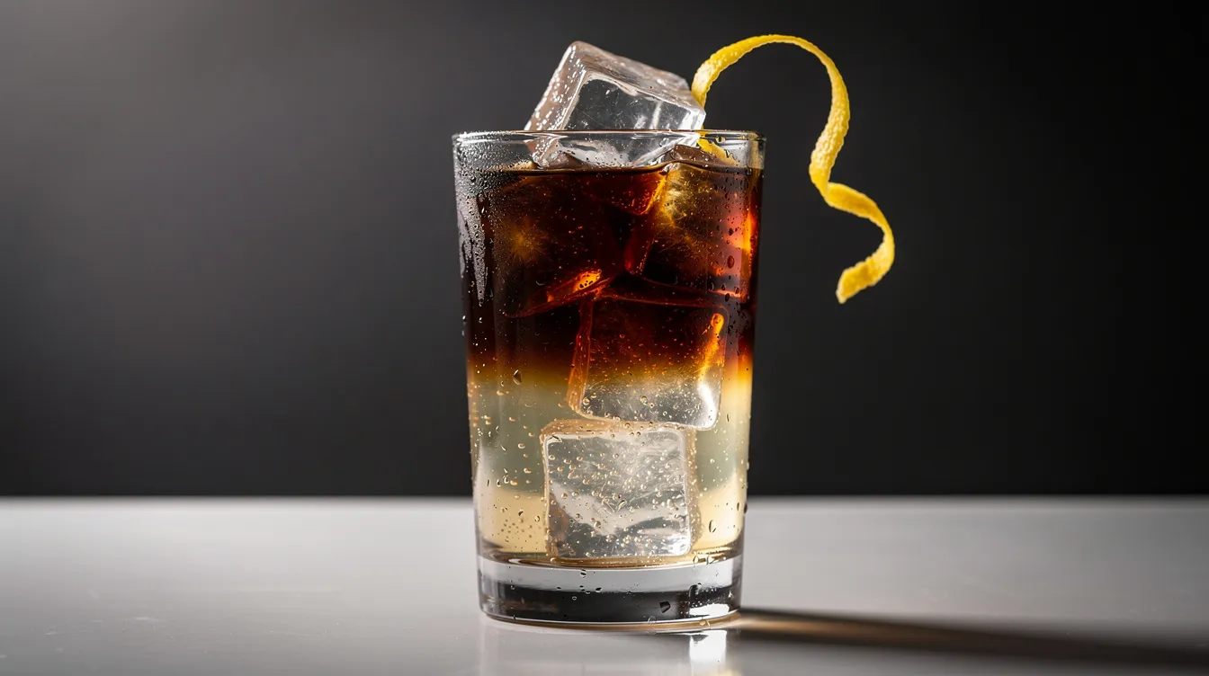 Das Bild zeigt ein elegantes Highball-Glas, gefüllt mit geschichtetem Cold Brew Tonic, Eiswürfeln und einer Zitronenzeste als Garnitur. Diese erfrischende Kombination ist ein perfektes Sommergetränk, das den Geschmack des Cold Brew Kaffees betont.