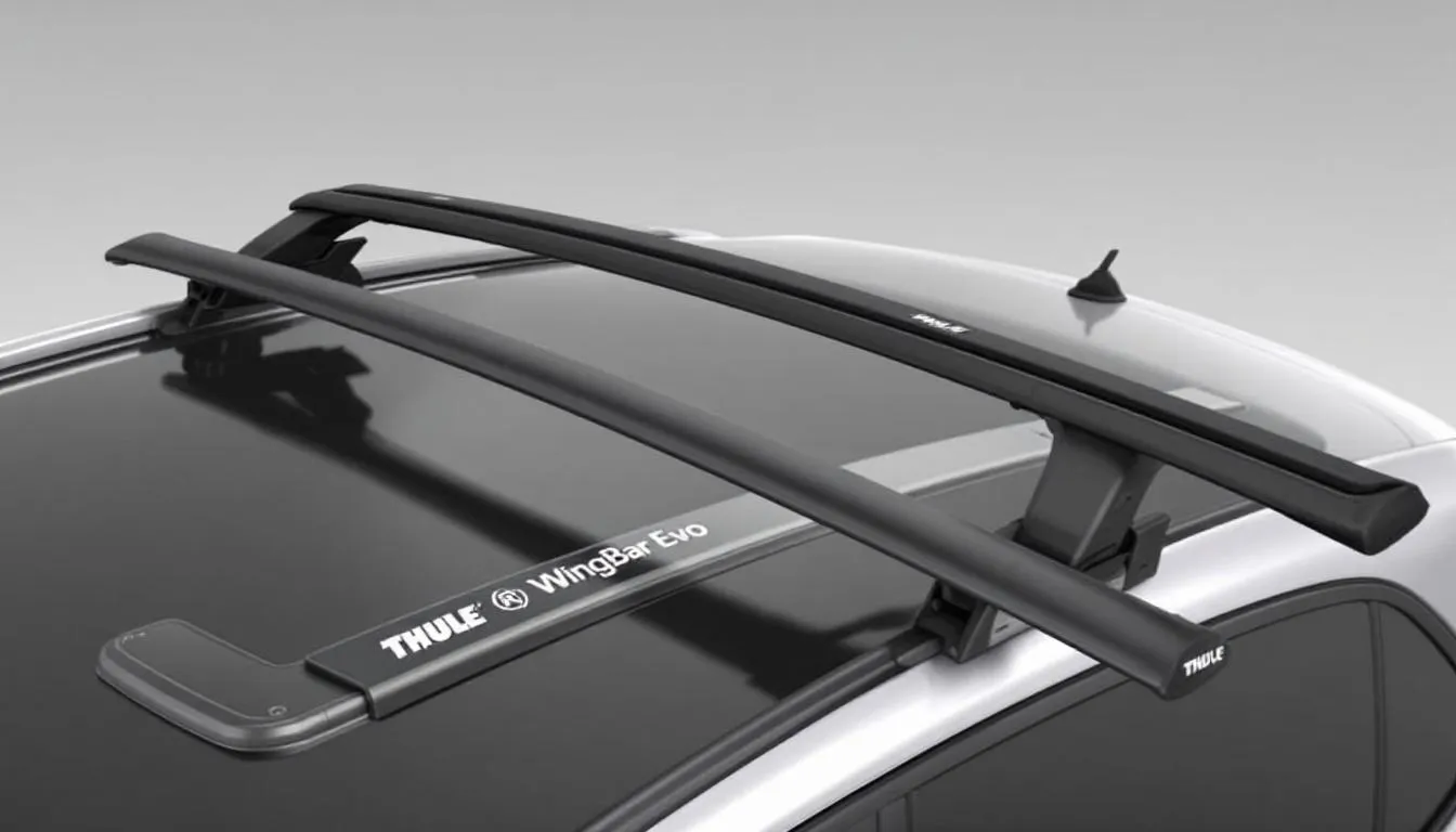 The image features a Thule gutter mount system equipped with WingBar Evo crossbars, showcasing a strong roof rack designed to fit securely on vehicles with rain gutters. The sleek load bars are highlighted, emphasizing their compatibility and functionality for transporting gear on the road.