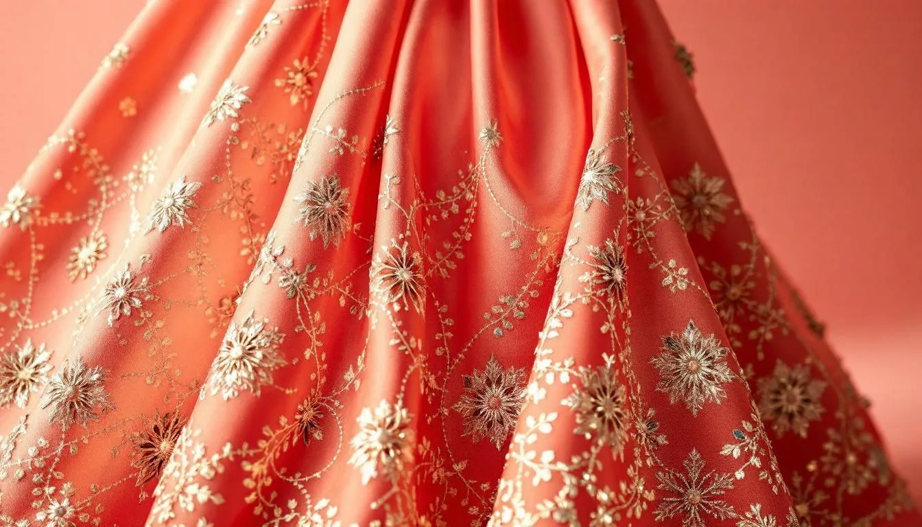 A close-up view showcases the intricate geometric embroidery patterns on a modern coral mehendi lehenga, highlighting its vibrant colors and elegant design. This stunning attire, perfect for a wedding day or mehendi ceremony, reflects timeless elegance and personal style.
