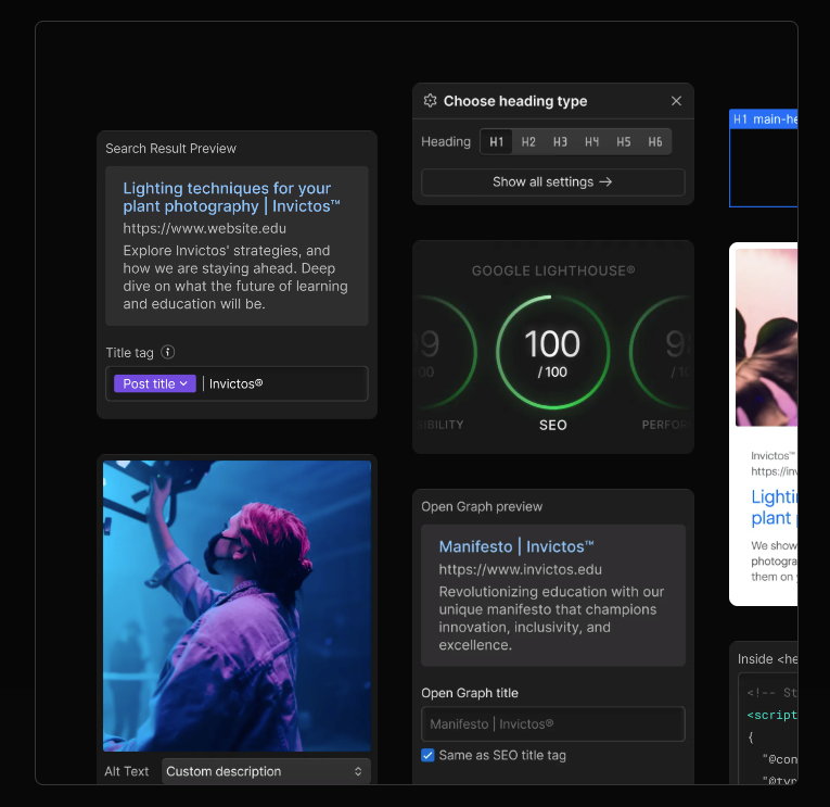 Webflow interface showing SEO tools, including a search result preview, title tag settings, Open Graph preview, Google Lighthouse SEO score of 100, and an image preview with alt text options.